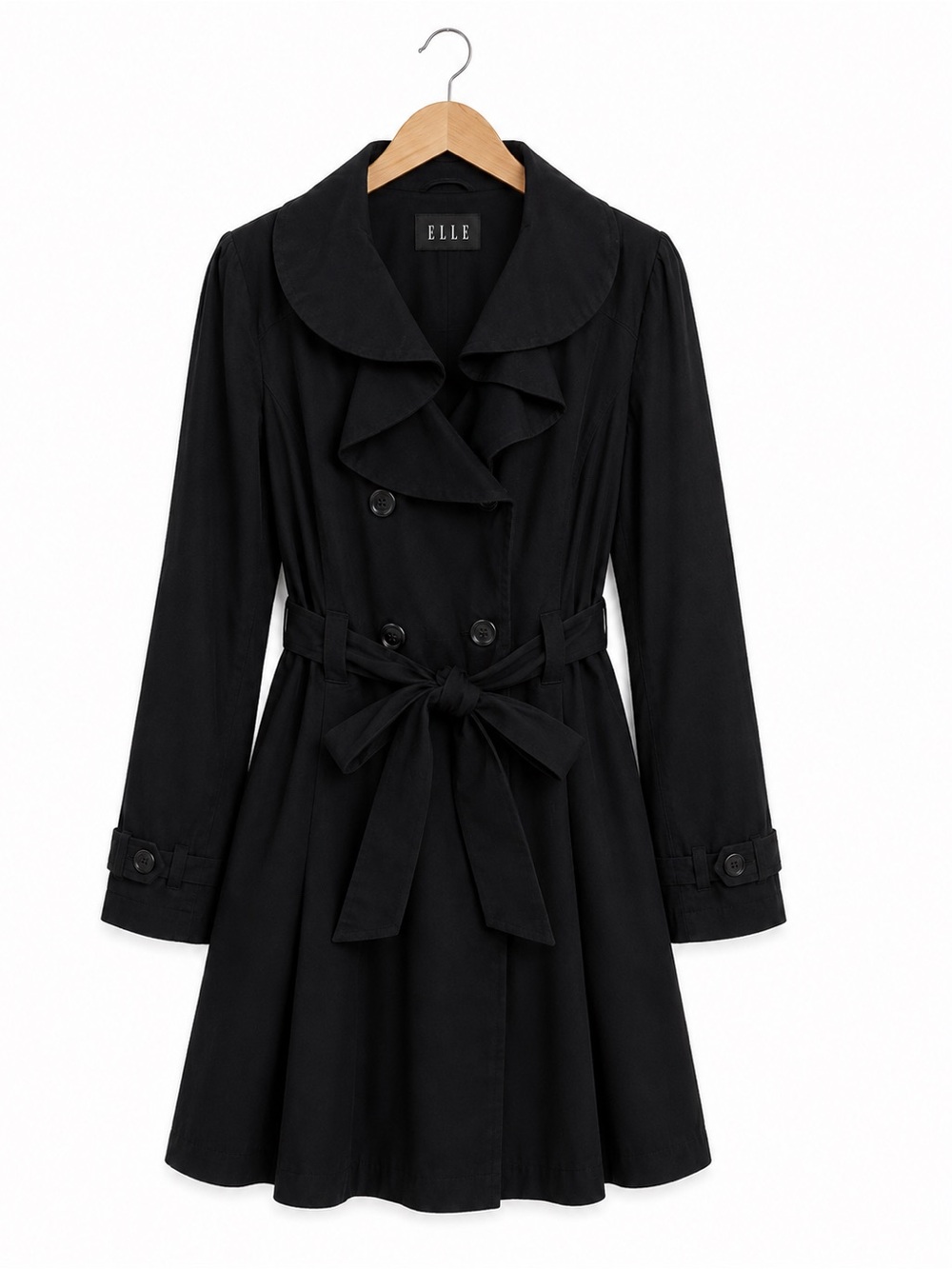 ELLE Black Ruffle Collar Double Breasted Belted Trench Coat Women’s Size 14